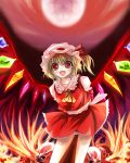  blush bow crystal fang fire flandre_scarlet full_moon highres marionette_ex moon ponytail red_eyes red_sky ribbon short_hair side_ponytail skull touhou wings 
