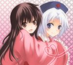  brown_eyes brown_hair ebibibibibi hat heart heart_of_string houraisan_kaguya hug hug_from_behind long_hair m-o-i-r-a multiple_girls nurse_cap purple_eyes silver_hair touhou white_hair yagokoro_eirin 