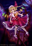  bad_id blonde_hair bobby_socks cross empty_eyes fangs flandre_scarlet floating hat highres open_mouth outstretched_arms outstretched_hand ponytail red_eyes short_hair side_ponytail smile socks touhou windyakuma wings 