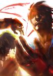  2boys black_hair blonde_hair dougi headband ken_masters multiple_boys outstretched_hand ryuu_(street_fighter) santa_fung shaded_face street_fighter 