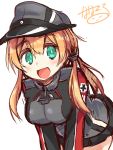 1girl :d anchor_hair_ornament aqua_eyes black_ribbon black_skirt blonde_hair blush hair_ornament hair_ribbon hat highres iron_cross kantai_collection leaning_forward long_hair long_sleeves microskirt military military_uniform open_mouth peaked_cap pleated_skirt prinz_eugen_(kantai_collection) renkonan ribbon signature simple_background skirt smile solo twintails uniform white_background 