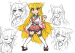  1girl ^_^ animal_ears blonde_hair blush breasts cleavage closed_eyes fang fox_ears fox_tail fun_bo large_breasts long_hair looking_at_viewer multiple_tails one_eye_closed original sketch smile solo tail thigh-highs very_long_hair white_legwear yellow_eyes 