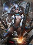  1girl blue_eyes breasts center_opening chaos_drive destruction elbow_pads gloves helmet kilart large_breasts lips long_hair mecha neon_trim power_suit sideboob silver_hair solo_focus sparks squatting thigh-highs twintails 