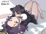  &gt;:) 1girl bare_legs barefoot character_doll dated doll_hug eyepatch headgear kantai_collection looking_at_viewer lying mechanical_halo mku on_bed open_mouth purple_hair school_uniform short_hair skirt solo tatsuta_(kantai_collection) tenryuu_(kantai_collection) twitter_username violet_eyes yellow_eyes 