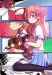  1girl black_legwear bow caibao eraser gekkan_shoujo_nozaki-kun hair_bow highres orange_hair paintbrush paper pen polka_dot polka_dot_bow ruler sakura_chiyo school_uniform serafuku sitting smile tanuki thigh-highs violet_eyes 