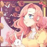  1girl angel_bunny animal blue_eyes breasts commentary_request fluttershy long_hair looking_away my_little_pony my_little_pony_friendship_is_magic nail_polish personification pink_hair rabbit siam_(meow13) smile solo 