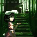  1girl animal_ears architecture bamboo black_hair carrot carrot_necklace dress east_asian_architecture inaba_tewi looking_at_viewer moss nihimaru open_mouth overgrown rabbit_ears red_eyes short_hair smile solo stairs touhou 