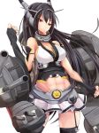  1girl abs bare_shoulders black_gloves black_hair black_legwear breasts cannon cleavage elbow_gloves fingerless_gloves garter_straps gloves hair_ornament highres kantai_collection large_breasts long_hair looking_at_viewer midriff miniskirt nagato_(kantai_collection) pink_eyes shirt skirt sleeveless sleeveless_shirt solo thigh-highs uumenn very_long_hair zettai_ryouiki 