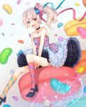  1girl bare_shoulders blush brown_eyes candy choker dress earrings flower food food_as_clothes food_themed_clothes hair_flower hair_ornament hair_ribbon highres jelly_bean jewelry kneehighs long_hair macaron open_mouth original pink_hair ribbon shoes side_ponytail sitting skirt smile solo striped striped_legwear tyokoa4649 
