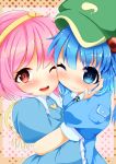  2girls blue_eyes blue_hair blush bust collared_shirt cuddling dress face-to-face frilled_shirt_collar hair_bobbles hair_ornament hairband hand_on_another&#039;s_face heart highres huggle kawashiro_nitori komeiji_satori kyuushiki long_sleeves looking_at_viewer multiple_girls one_eye_closed open_mouth pink_eyes pink_hair polka_dot polka_dot_background puffy_short_sleeves puffy_sleeves red_eyes shirt short_hair short_sleeves smile string touhou twintails wide_sleeves 