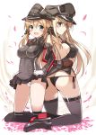  2girls anchor_hair_ornament ass bismarck_(kantai_collection) black_legwear black_panties blonde_hair blue_eyes blush breasts detached_sleeves gloves green_eyes hat highres kantai_collection large_breasts long_hair long_sleeves looking_at_viewer microskirt military military_uniform multiple_girls oota_yuuichi open_mouth panties peaked_cap prinz_eugen_(kantai_collection) side-tie_panties simple_background skirt smile thigh-highs twintails underwear uniform white_background white_gloves white_panties 