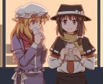  2girls blonde_hair bow brown_eyes brown_hair capelet dress eating hair_bow hat long_hair manjuu maribel_hearn multiple_girls necktie ribbon scarf short_hair skirt smile touhou unagi_sango usami_renko yellow_eyes 