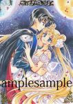  1boy 1girl armor bishoujo_senshi_sailor_moon black_hair blonde_hair blue_eyes cape chiba_mamoru couple crescent double_bun dress endymion eye_contact facial_mark forehead_mark hair_ornament hairpin hetero long_hair looking_at_another petals princess_serenity sample shoukichi_usagi smile strapless_dress tsukino_usagi twintails white_dress 