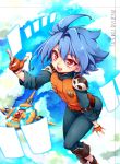  1boy blue_hair character_name fingerless_gloves from_above future_card_buddyfight gloves male open_mouth red_eyes ryuuenji_tasuku short_hair solo tobi_(one) 
