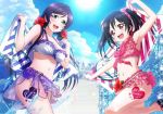  2girls armpits artist_request bikini bikini_skirt black_hair blush bow hair_bow love_live!_school_idol_festival love_live!_school_idol_project multiple_girls navel official_art open_mouth red_eyes short_hair smile solo swimsuit toujou_nozomi towel twintails yazawa_nico 