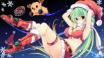  1girl bare_shoulders bell bell_collar boots breasts christmas cleavage collar dodome-iro_mayonnaise gloves green_hair hat highres large_breasts long_hair looking_at_viewer navel official_art original red_eyes reindeer santa_costume santa_hat skirt solo thigh_strap 