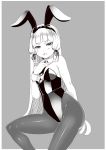  1girl animal_ears bunny_tail bunnysuit detached_collar hiememiko highres kantai_collection long_hair monochrome murakumo_(kantai_collection) necktie pantyhose rabbit_ears tail wrist_cuffs 