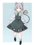  1girl akagashi_hagane animal_ears basket capelet dress gem grey_dress grey_hair jewelry long_sleeves looking_at_viewer mouse mouse_ears mouse_tail nazrin necklace pendant pink_eyes see-through shirt solo tail touhou 