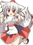  1girl animal_ears bare_shoulders breasts fang hat inubashiri_momiji long_sleeves looking_at_viewer open_mouth paw_pose pom_pom_(clothes) red_eyes ribbon-trimmed_sleeves ribbon_trim short_hair silver_hair simple_background solo suzukishi tail tokin_hat touhou white_background wolf_ears wolf_tail 