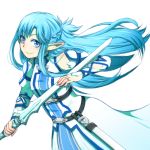  1girl asuna_(sao) asuna_(sao-alo) blue_eyes blue_hair celsius2103 long_hair lowres pointy_ears sword sword_art_online weapon 