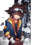  1boy brown_eyes brown_hair copyright_name digimon digimon_adventure gloves goggles goggles_on_head hands_in_pockets highres kawacy male older solo tagme white_gloves yagami_taichi 
