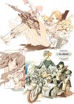  ammunition_belt bare_shoulders black_hair blonde_hair breasts brown_hair collage dress endou_okito gun hat high_heels long_hair machine_gun motor_vehicle motorcycle mouth_hold panties pantyshot pantyshot_(sitting) sidecar sitting underwear vehicle weapon white_dress white_panties 