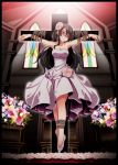  1girl bare_shoulders blush bouquet breasts brown_hair closed_mouth cross crucifixion dress flower flower_on_head hair_flower hair_ornament highres long_hair original ribbon rope s-syogo shoes solo stained_glass strapless_dress tied_up wedding_dress white_dress white_shoes wince 