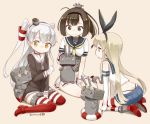  3girls akizuki_(kantai_collection) amatsukaze_(kantai_collection) bangs black_eyes black_hair black_panties blonde_hair blunt_bangs blush brown_eyes chou-10cm-hou-chan elbow_gloves female garter_straps gloves kantai_collection kneeling long_hair multiple_girls nagian panties pleated_skirt ponytail rensouhou-kun sailor_collar school_uniform serafuku shimakaze_(kantai_collection) silver_hair sitting skirt striped striped_legwear thigh-highs twintails underwear wariza white_gloves 