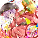  bowl chikuwa_savi holding japanese_clothes kimono long_sleeves looking_at_viewer mallet miracle_mallet needle obi open_mouth purple_hair sash short_hair sukuna_shinmyoumaru teeth touhou violet_eyes wide_sleeves 