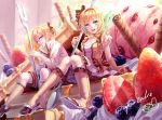  1boy 1girl absurdres blonde_hair blue_eyes blueberry blush boots brother_and_sister dress elbow_gloves food fork fruit gloves hair_ribbon hairband highres ice_cream kagamine_len kagamine_rin knee_boots kneehighs looking_at_viewer maple open_mouth oversized_object ponytail ribbon short_hair short_ponytail siblings sitting skirt smile strawberry twins vocaloid 