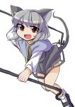 1girl animal_ears capelet dowsing_rod dress dress_lift fang fun_bo grey_dress grey_hair long_sleeves looking_at_viewer mouse_ears mouse_tail nazrin red_eyes see-through solo tail touhou 