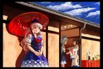  3girls architecture blue_hair border bow brown_hair cirno clouds dress east_asian_architecture extra hair_bow hat ice ice_wings japanese_clothes kamishirasawa_keine kimono long_hair multiple_girls neckerchief nihimaru open_mouth oriental_umbrella ponytail red_eyes ribbon short_hair silver_hair sky smile touhou tsukumogami umbrella wings 
