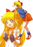  1girl aino_minako anime_coloring arms_behind_back bare_legs bishoujo_senshi_sailor_moon blonde_hair blue_bow blue_eyes blue_legwear bow casual choker full_body hair_bow heart leaning_forward long_hair matyaha official_style one_eye_closed pose red_bow sailor_venus shoes socks white_background 