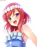  1girl :d bare_shoulders blue_dress blush breasts dated dress frills hair_ornament hair_wreath head_wreath highres looking_at_viewer love_live!_school_idol_project nishikino_maki open_mouth pink_hair redhead short_hair signature simple_background smile solo violet_eyes white_background yu-ta yume_no_tobira 