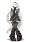  1girl aircraft_carrier_water_oni black_gloves black_legwear detached_sleeves full_body gloves greaves kantai_collection long_hair looking_at_viewer mephist-pheles red_eyes ribbed_sweater solo standing sweater thigh-highs very_long_hair white_background white_hair zettai_ryouiki 