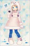  !? 1girl ayu_(mog) bear_hat blonde_hair blue_eyes blue_legwear blush boots bowtie fang fish full_body gloves hair_ornament hairclip heart looking_at_viewer open_mouth original paw_gloves solo standing tree 