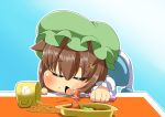  1girl :3 animal_ears brown_hair cat_ears chen chibi closed_eyes cup earrings eating food fork hat jewelry short_hair solo touhou verta_(verlaine) younger 