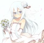  1girl bare_shoulders blush bouquet bracelet dress elbow_gloves flower gloves hair_flower hair_ornament hammer_and_sickle hibiki_(kantai_collection) jewelry kantai_collection looking_at_viewer nonono_(basasi21) simple_background solo strapless_dress veil verniy_(kantai_collection) wedding_dress white_background white_dress white_gloves 