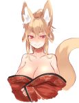  1girl animal_ears bare_shoulders blonde_hair breasts bust cleavage fox_ears fox_tail japanese_clothes kimono large_breasts looking_at_viewer off_shoulder original red_eyes shirogane_usagi simple_background smile solo tail white_background 