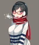  1girl alternate_costume black_hair blue_eyes blush breasts earmuffs glasses highres kantai_collection kirishima_(kantai_collection) large_breasts looking_at_viewer scarf short_hair shuuichi simple_background solo 