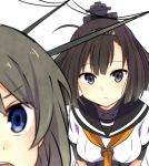  2girls :/ akizuki_(kantai_collection) black_eyes black_hair blue_eyes blurry depth_of_field grey_hair headgear kantai_collection looking_at_viewer maya_(kantai_collection) multiple_girls school_uniform serafuku yukichi_(eikichi) 