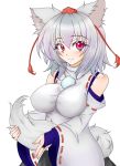 1girl animal_ears between_legs blush breasts bridal_gauntlets detached_sleeves hat highres impossible_clothes impossible_shirt inubashiri_momiji large_breasts looking_at_viewer pom_pom_(clothes) red_eyes short_hair silver_hair simple_background smile solo tail tail_fondling tokin_hat touhou white_background wide_sleeves wolf_ears wolf_tail 