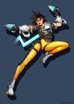  1girl aiming black_gloves black_hair breasts dual_wielding gloves glowing goggles gun handgun jacket lace-up_legwear lena_oxton long_legs neocoill neon_trim open_mouth overwatch pistol shoes short_hair simple_background sleeves_pushed_up smile sneakers solo spiky_hair tracer_(overwatch) weapon 