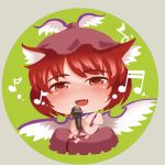  1girl animal_ears bow chibi dress fang hat microphone musical_note mystia_lorelei nihimaru open_mouth pink_hair red_eyes short_hair sitting smile solo touhou wings yin_yang 