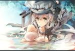  1girl bare_shoulders black_gloves bodysuit breasts bust endou_okito face gloves grey_hair hat kantai_collection letterboxed long_hair partially_submerged shinkaisei-kan solo water wo-class_aircraft_carrier yellow_eyes 