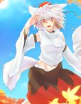  1122yuki 1girl animal_ears autumn_leaves bare_shoulders blush breasts detached_sleeves hand_on_head hat inubashiri_momiji leaf long_sleeves looking_at_viewer midriff nature navel open_mouth panties pom_pom_(clothes) red_eyes short_hair signature silver_hair solo tail tokin_hat touhou underwear wolf_ears wolf_tail 