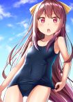  1girl adjusting_clothes adjusting_swimsuit blue_swimsuit bow brown_hair chestnut_mouth clouds covered_navel cowboy_shot day flat_chest from_behind gluteal_fold gurande_(g-size) hair_bow half_updo highres kamikaze_(kantai_collection) kantai_collection long_hair old_school_swimsuit open_mouth outdoors red_eyes school_swimsuit shiny shiny_clothes sky solo swimsuit yellow_bow 