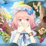  1girl adapted_costume animal bracelet butterfly cherry_blossoms covering_mouth faux_traditional_media flower hat japanese_clothes jewelry nail_polish nature pink_eyes pink_hair saigyouji_yuyuko short_hair siam_(meow13) solo squirrel touhou tree 