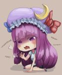  1girl bangs blunt_bangs bow buruma chibi coughing crescent exercise gym_uniform hat hat_bow heavy_breathing long_hair patchouli_knowledge purple_hair solo touhou violet_eyes whistle_frog 