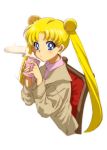  1girl anime_coloring bishoujo_senshi_sailor_moon blonde_hair blowing blue_eyes chair cup double_bun jacket matyaha official_style solo steam teacup tsukino_usagi twintails white_background 